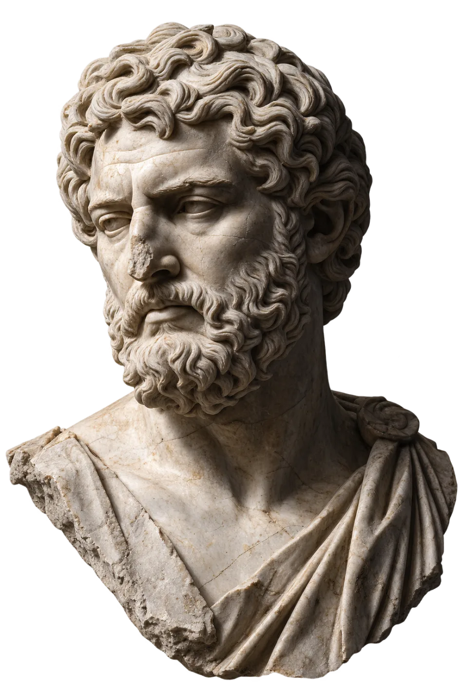 Weathered Roman marble bust of a bearded philosopher, lit from one side